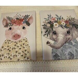 Set of 2 Colorful Farm Animals Wall Decor-1 Pig 1 Elephant W/ Floral Crowns 9x6”